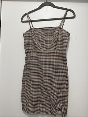 Simons Black and Tan Plaid Spaghetti-Strap Mini Dress